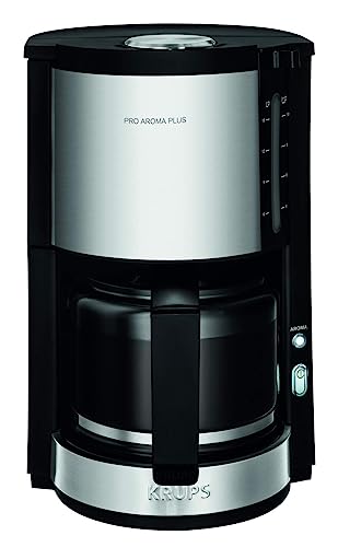 Krups KM3210 Pro Aroma Plus Filterkaffeemaschine, 10 Tassen, 1,25 L, 30-Minuten-Warmhaltefunktion, sichtbares Wasserstands Fenster, Tropfstopp-System, Schwarz mit Edelstahlapplikationen im Sale